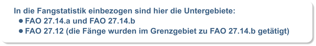 In die Fangstatistik einbezogen sind hier die Untergebiete: 	FAO 27.14.a und FAO 27.14.b 	FAO 27.12 (die Fnge wurden im Grenzgebiet zu FAO 27.14.b gettigt)