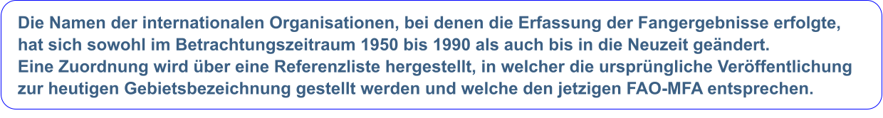 Die Namen der internationalen Organisationen, bei denen die Erfassung der Fangergebnisse erfolgte,  hat sich sowohl im Betrachtungszeitraum 1950 bis 1990 als auch bis in die Neuzeit gendert. Eine Zuordnung wird ber eine Referenzliste hergestellt, in welcher die ursprngliche Verffentlichung  zur heutigen Gebietsbezeichnung gestellt werden und welche den jetzigen FAO-MFA entsprechen.